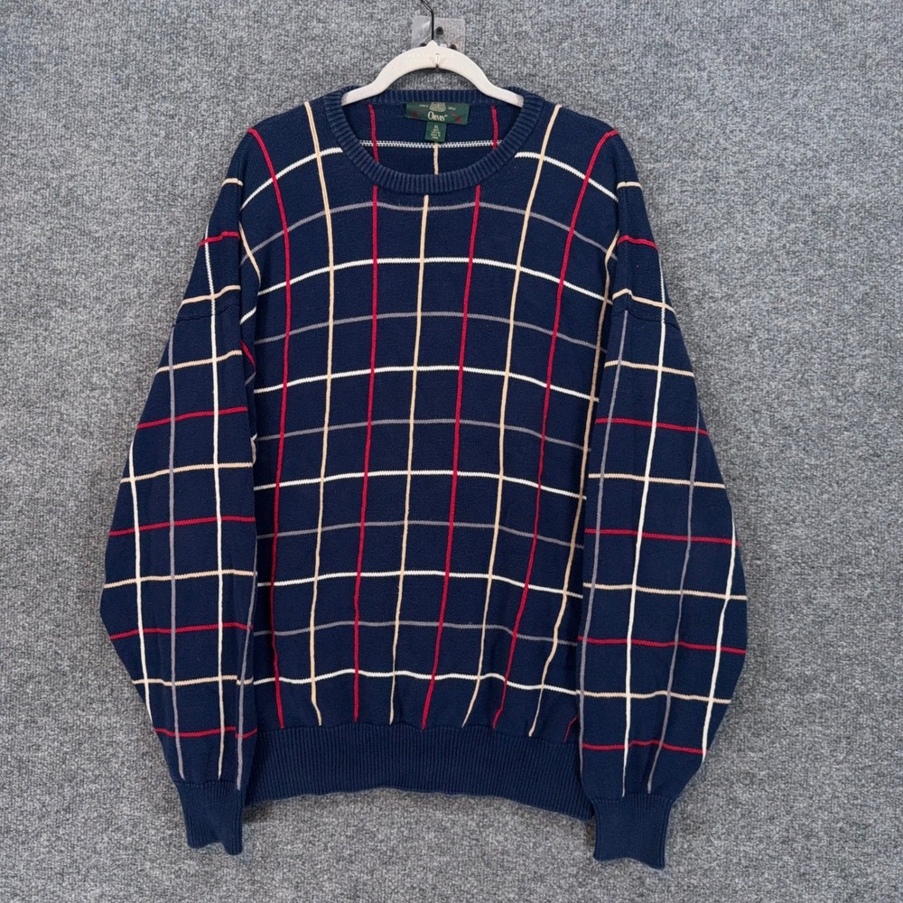 VIntage Orvis Sweater Mens XL Blue Grid Plaid Crew Pullover Grandpa Sweater